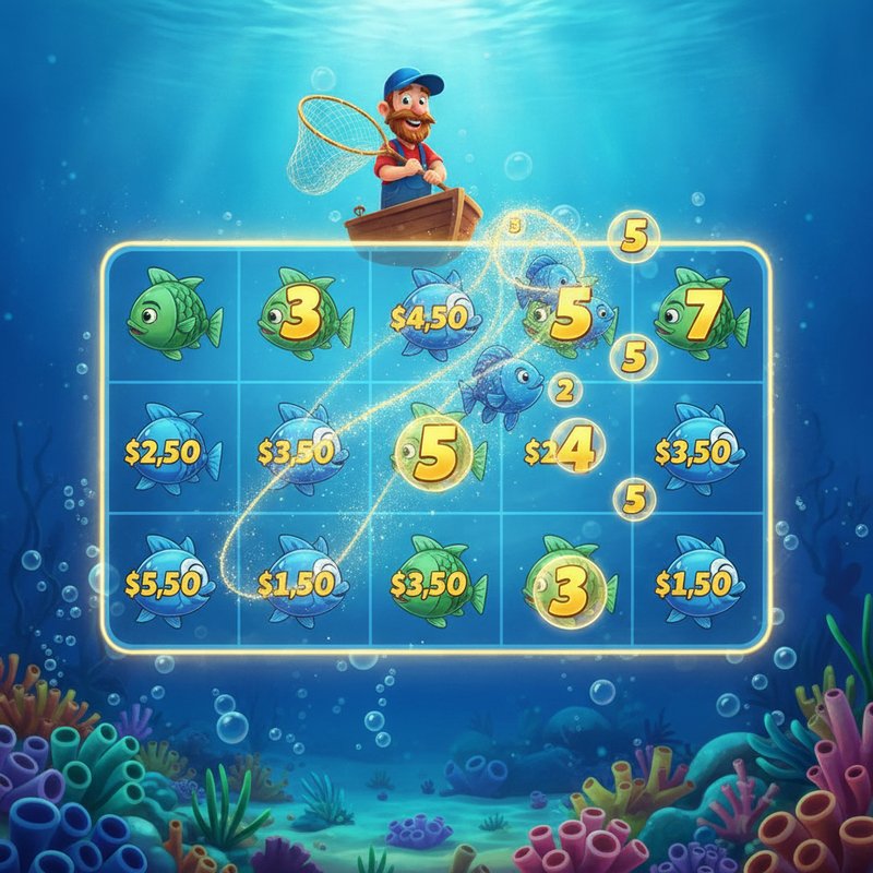 Fishin Frenzy free games feature with fisherman wild collecting fish prize values on screen