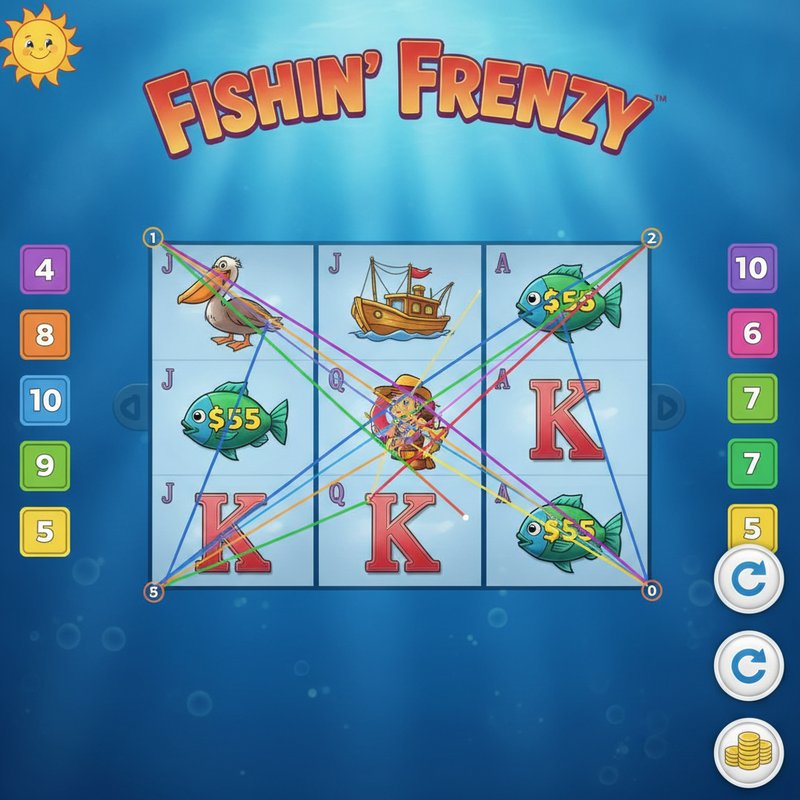 Fishin Frenzy gameplay showing coloured paylines across the five by three reel grid