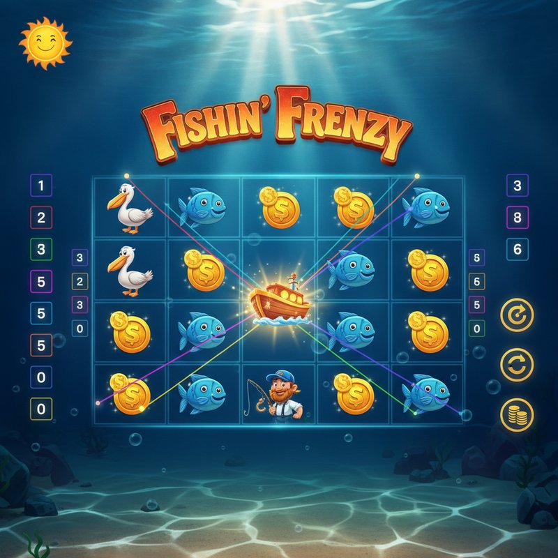 Fishin Frenzy slot main screen with underwater ocean background and five reels