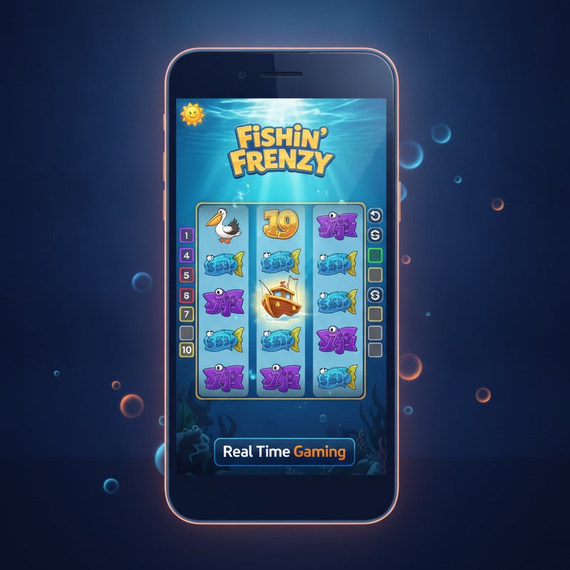 Fishin Frenzy slot displayed on a mobile device with Real Time Gaming branding