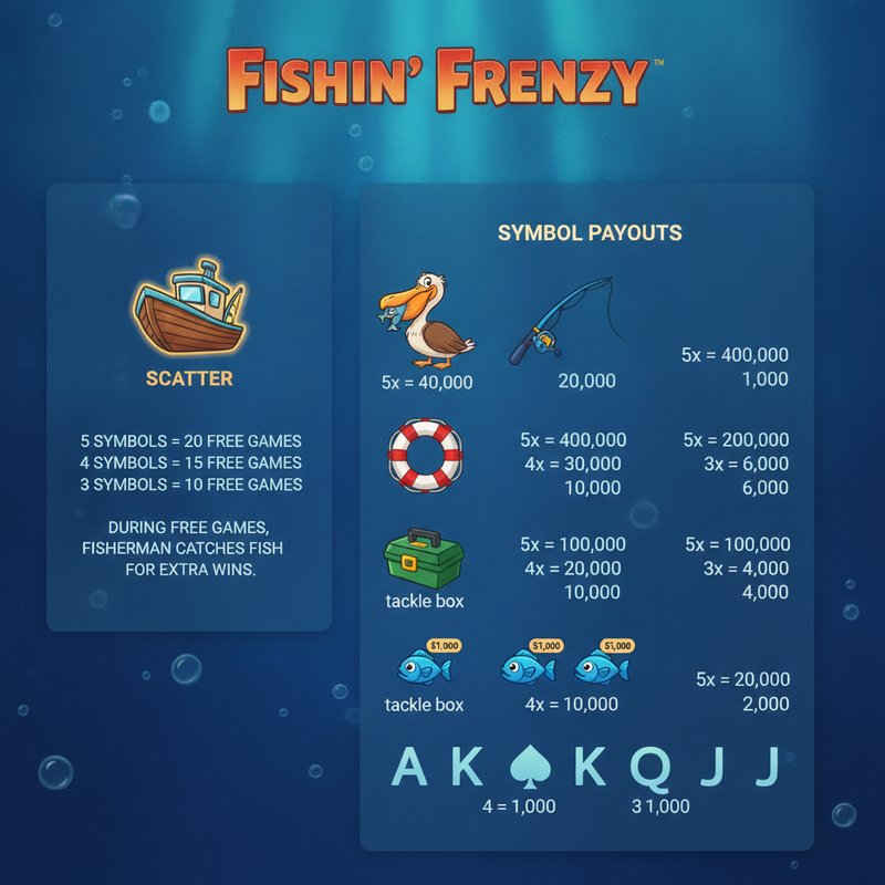 Fishin Frenzy paytable showing pelican, fishing rod, life preserver, tackle box and card symbols with payouts